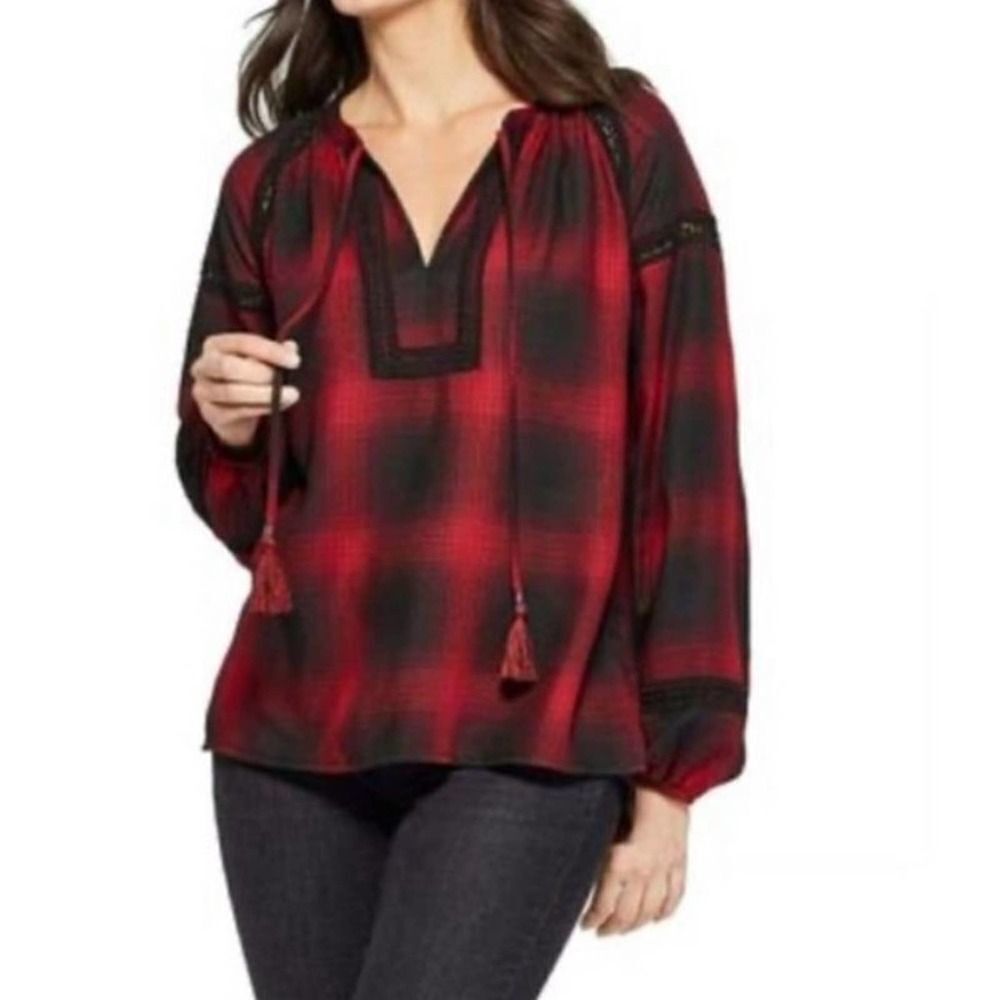 Knox‎ Rose Buffalo Plaid  Tassel Tie Top Red XS